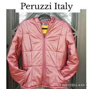 Gorgeous  Peruzzi  Firenze Italy quilted wine colored leather hooded jacket